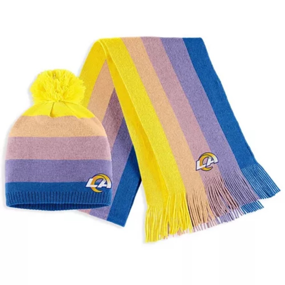 Women's Gold Los Angeles Rams Ombre Pom Knit Hat and Scarf Set NWOT